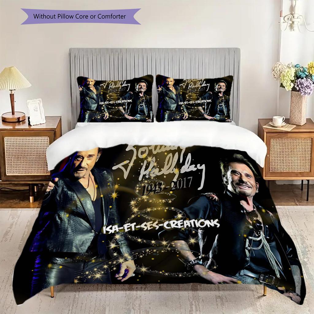 Rock Legend Johnny Hallyday Three-piece set (1 * duvet cover + 2 * pillowcase, without core) 2D Flat Bedding set Duvet cover and pillowcase