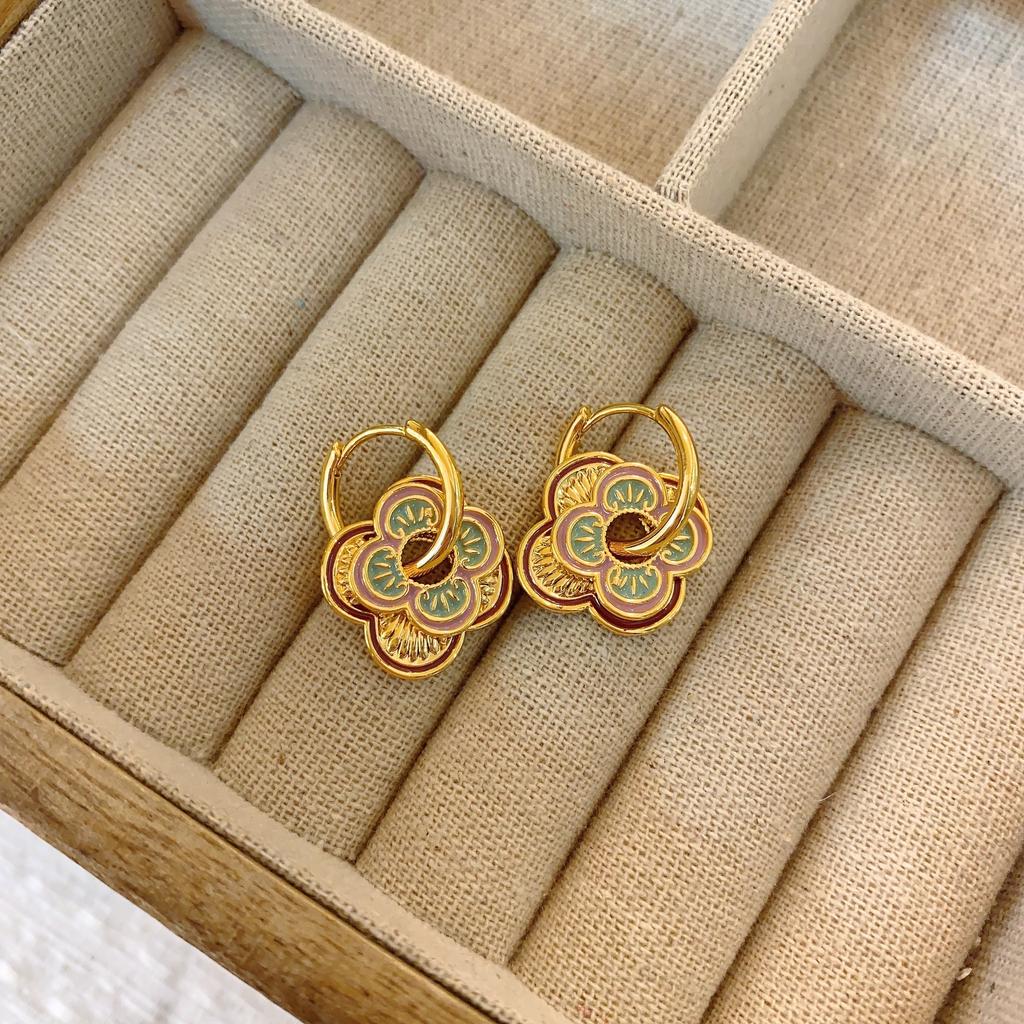 Pink Purple Enamel Earrings Women'S High-End Stud Earrings Light Luxury Temperament National Style Earrings
