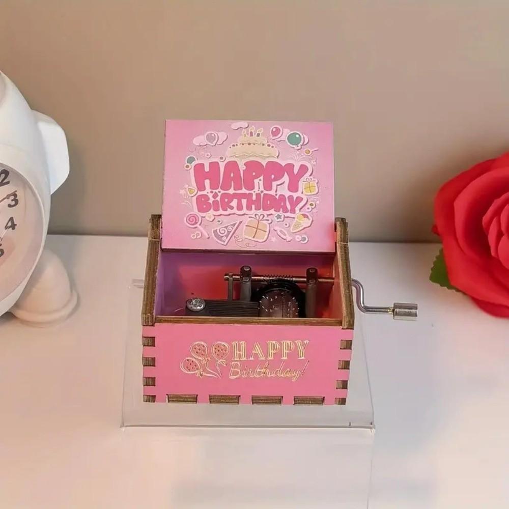 

New Happy Birthday Wooden Music Box Classical Pink Carved Musical Box Hand Crank Light Luxury Music Gifts Birthday Gifts