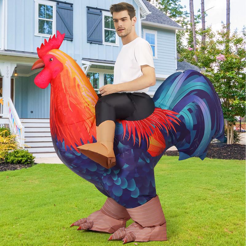 Sapphire blue and colorful rooster inflatable costume for adults.