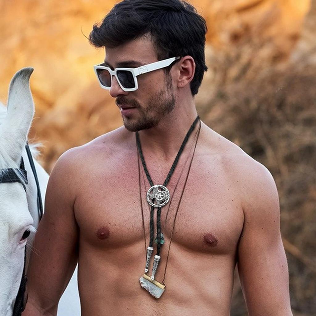 [Yzbeutf] Vintage Bolo Tie for Men and Women, Texas Map Star Tie, Western Bolo Tie, Black Leather, Cowboy, Cowgirl (Silver Map)