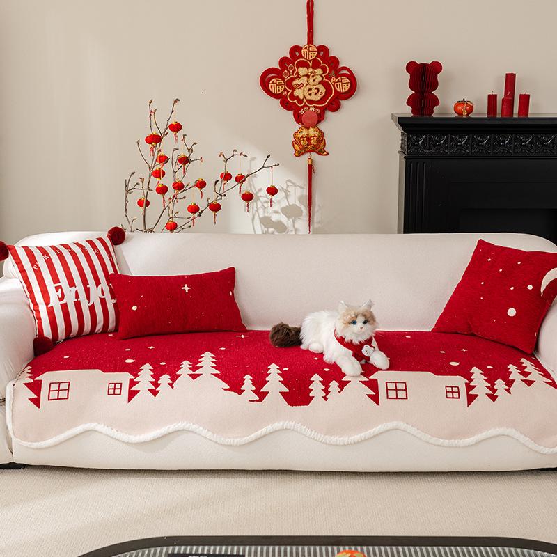 Special-Shaped Sofa Cushion Festive Red New Winter Chenille Sofa Seat Cushion One-Piece Straight Row Sofa Cover Cloth Protection