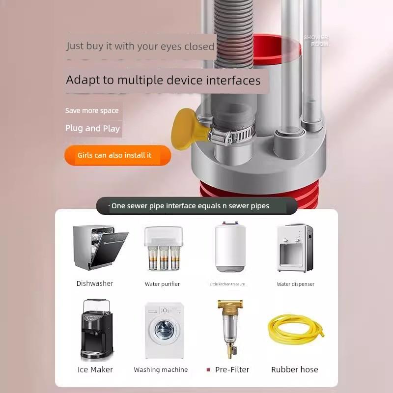 Anti-Odor Device for Kitchen Drain Pipe, Three-Way Drain Connector for Dishwasher, Integrated Water Distributor, Sealing Plug for Sink
