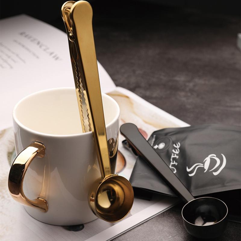 Two-in-one Stainless Steel Coffee Spoon Sealing Clip Kitchen Gold Accessories Recipient Cafe Expresso Cucharilla Decoration Use