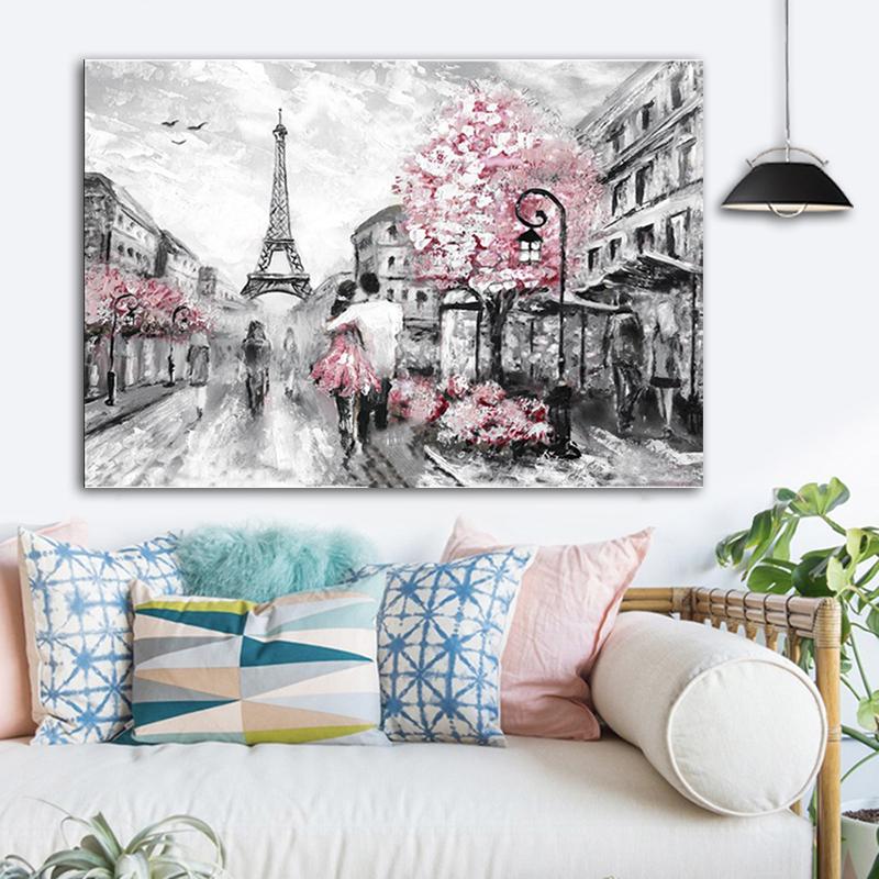 Solid Wood Frame Rain City Street Scenery Paris Canvas Painting Landscape Red Tree Yellow Car Pictures For Living Room Wall Art Decor