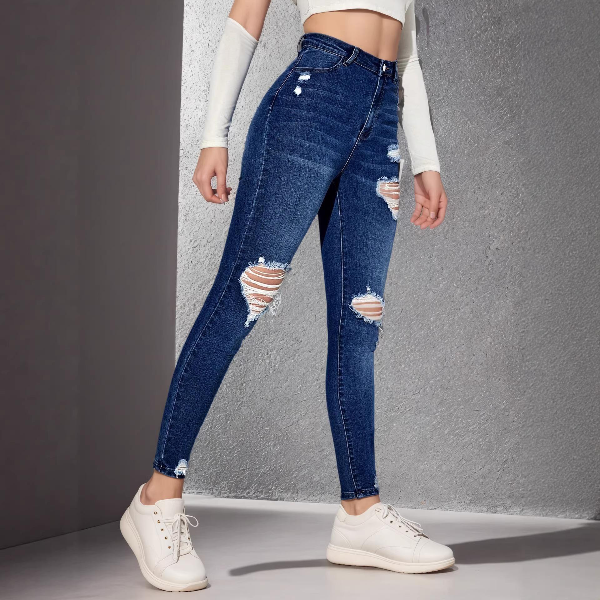 High-street stretch ripped skinny jeans for women: figure-hugging, slimming, casual pencil trousers – fashionable S синий