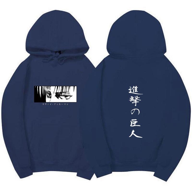 Attack On Titan Levi Ackerman Hoodie Unisex Fleece Sweatshirt Front Manga Eyes Print, Back Japanese Text, Autumn Winter Casual Pullover