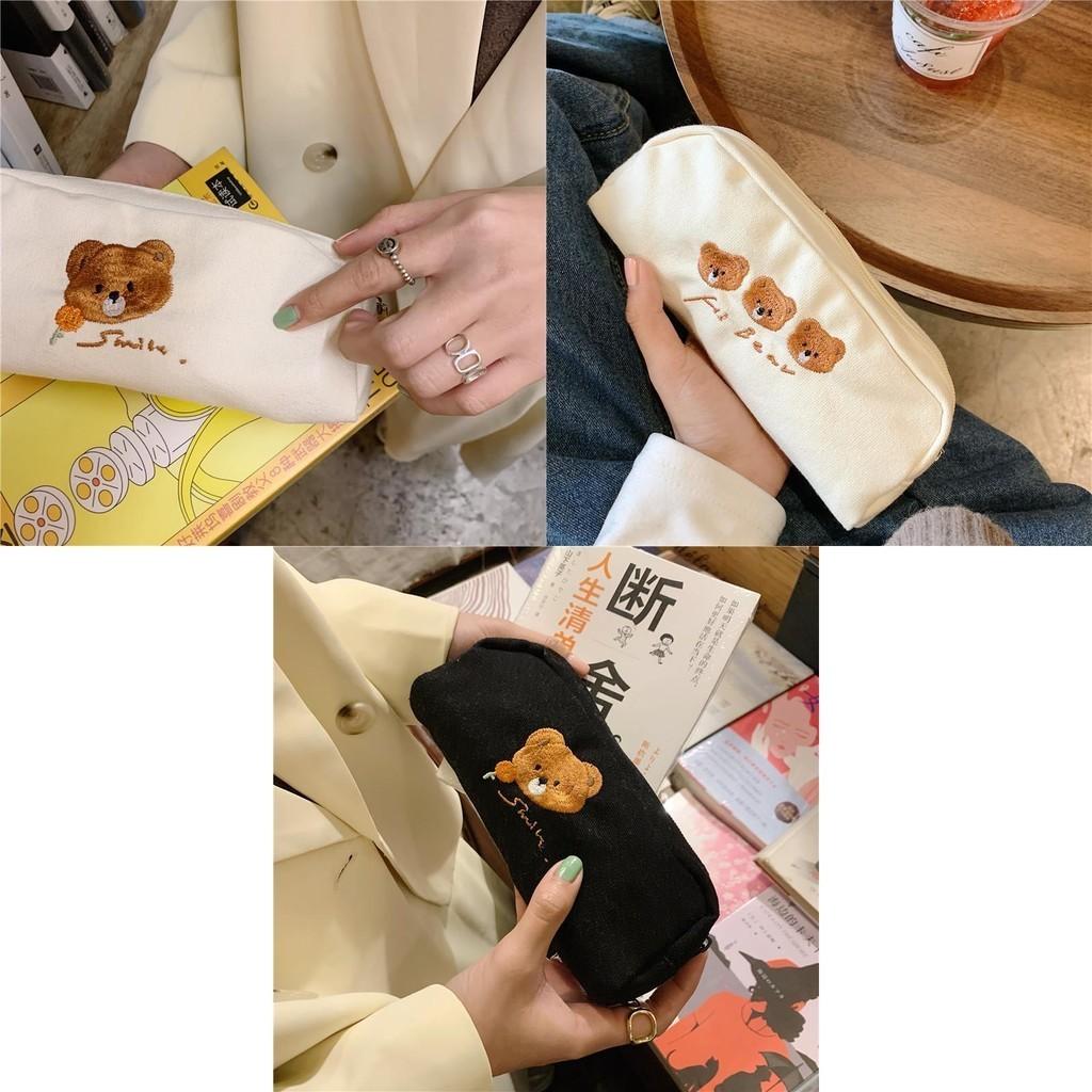Cute Bear Embroidery Canvas Pencil Case Japanese Style Stationery Pouch Large Capacity Storage Bag