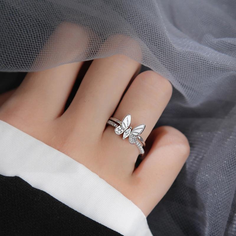 Stříbro 925 Korejský Bílý Trojrozměrný Motýl Zirkon Dvojitý Prsten Set Unikátní Design Hmyzí Kombinace