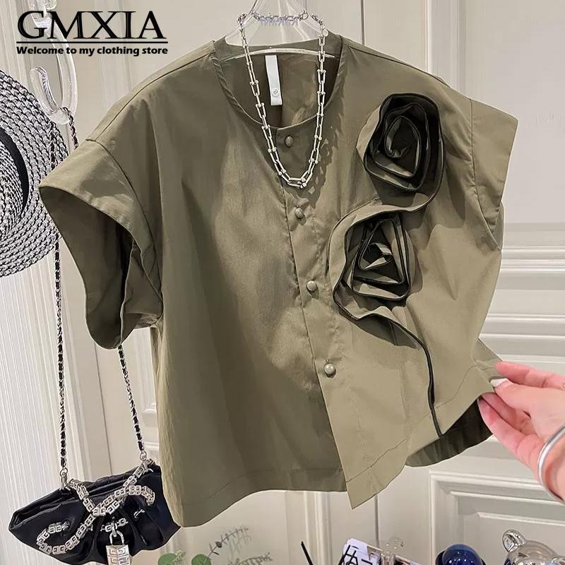 GMXIA Women's Fashion Casual Solid Color Print Short Sleeve POLO Neck Leisure Blouses & Shirts