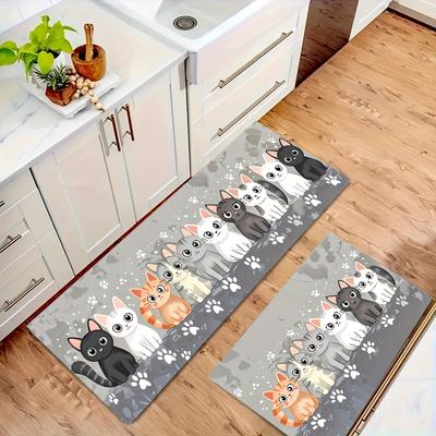 Cute Healing Cartoon Cat Line Up Kitchen Mat Non‑Slip Absorbent Runner for Kids Room Pet Area