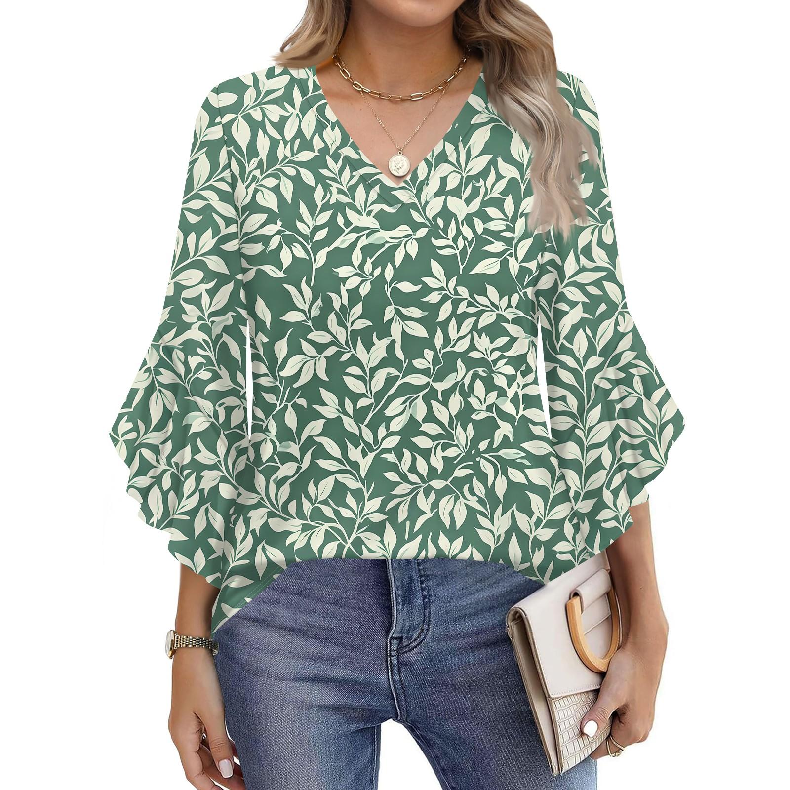 

Blouses For Women Dressy Casual 3/4 Length Sleeve Womens Tops V Neck Tshirts Shirts With Flared Sleeve XL