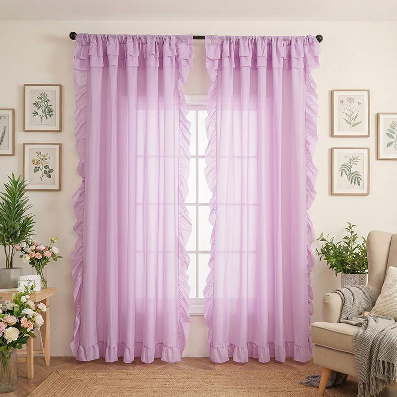 Perdea simplă, culoare solidă, cu volane și margini cu frunze, transparentă, pentru fereastră