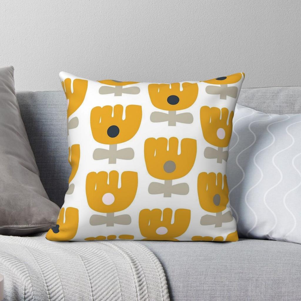 Tulips In Mustard Yellow Navy Square Pillowcase Polyester Linen Velvet Creative Zip Decor Pillow Case Sofa Seater Cushion Cover