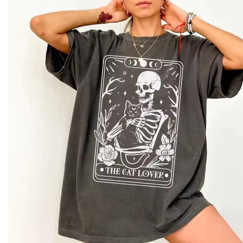 Women's Vintage Tarot Card Skeleton Cat The Lovers Print T shirt Men Oversized Tee Cotton Loose Top Unisex Short Sleeve Harajuku
