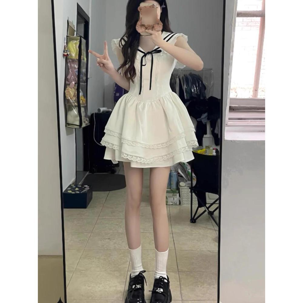 Mädchenhafter Stil Comic High Art Student Sommer Vitalität Marineakademie Stil Ärmellos Süßes Mädchen Dating Täglich Puffiger Rock