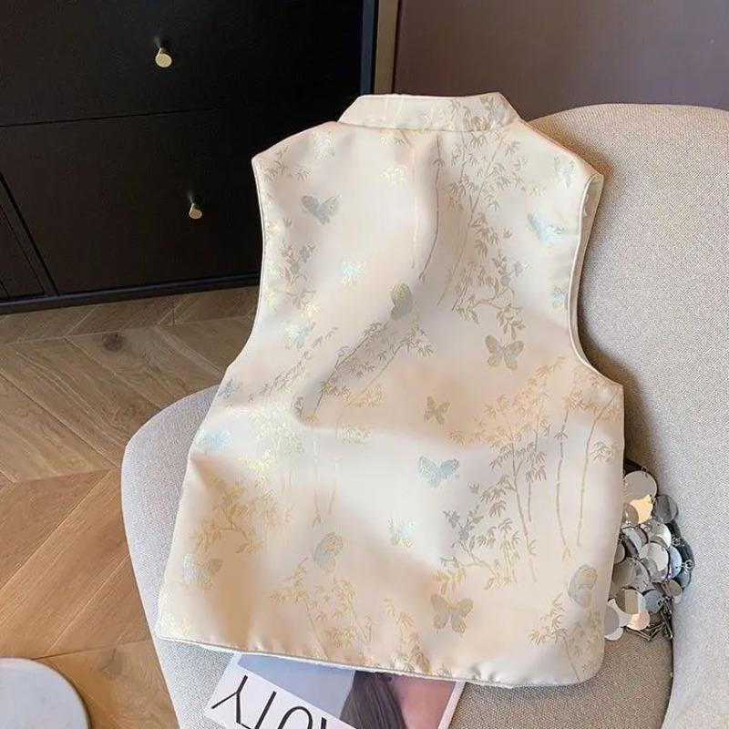 Chinese Style Ethnic Style Buckle Print Sleeveless Vest Jackets Women Tang Suit Cheongsam Spring Summer Vest Vintage Coats