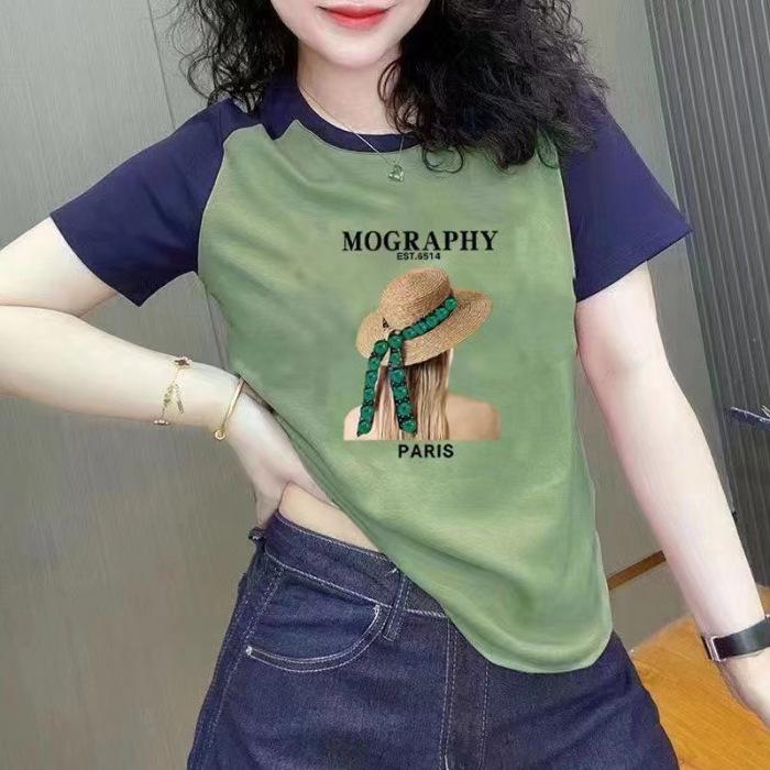 

Pure Cotton Color Block Patchwork Short-Sleeve Top - Summer Fashion Loose-Fit Printed T-Shirt 2XL (130-145 jin) зелёный