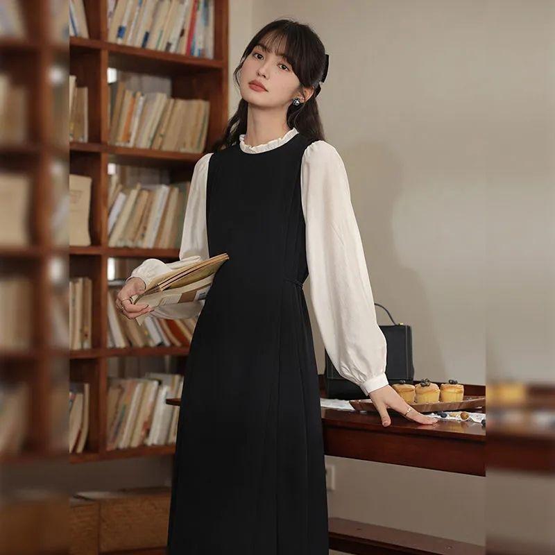 

French literary and artistic color matching fake two-piece long-sleeved tie-up dress medium and long spring clothes new versatile long skirt M чёрный