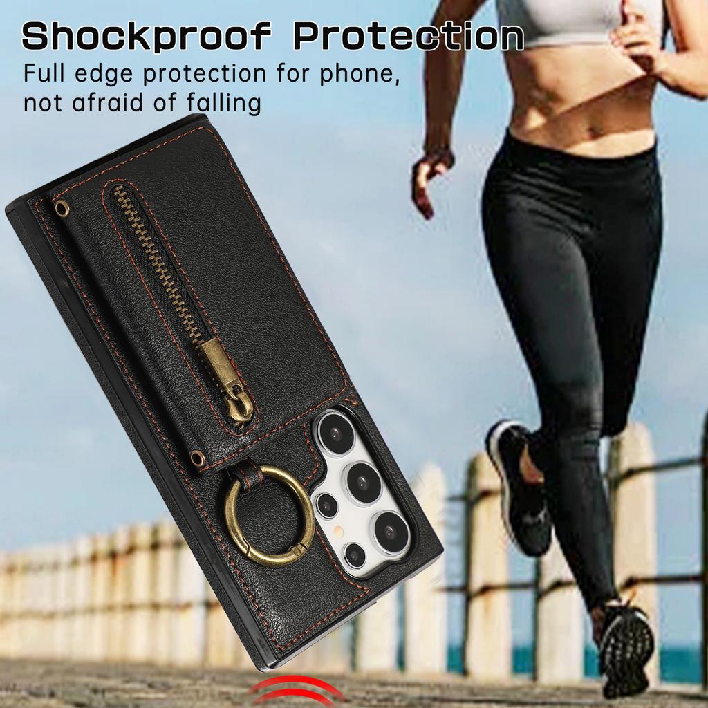 For Samsung Galaxy S25 Ultra Lær Bakdeksel Glidelåslomme Støtteben Telefondeksel med Skulderstropp