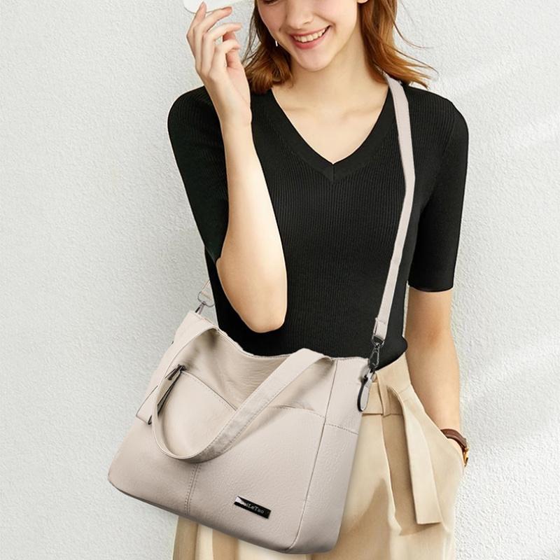 Women Vintage Soft Leather Tote Shoulder Bag Large Capacity Casual Daily Handbag with Detachable Wide Crossbody Strap Multi Pockets Commute Shopping