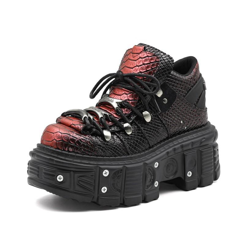Womens Punk Platform Combat Boots Wine Red Snake Print Chunky Sole High Heel Lace-Up Ankle