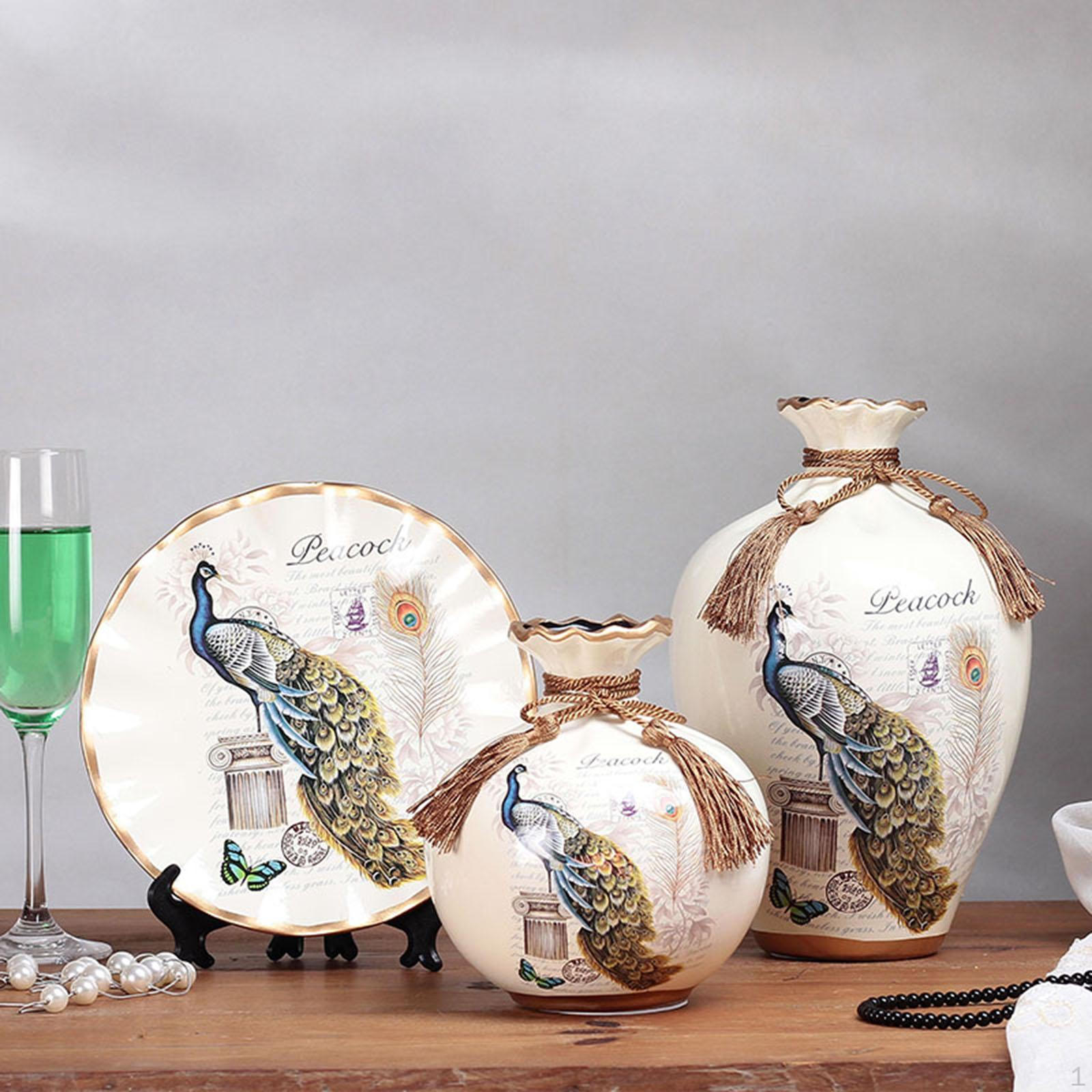 Set of 3 Chinese Classical Decorative Ceramic Vases Peacock Gorgeous Pottery Vase for Living Room