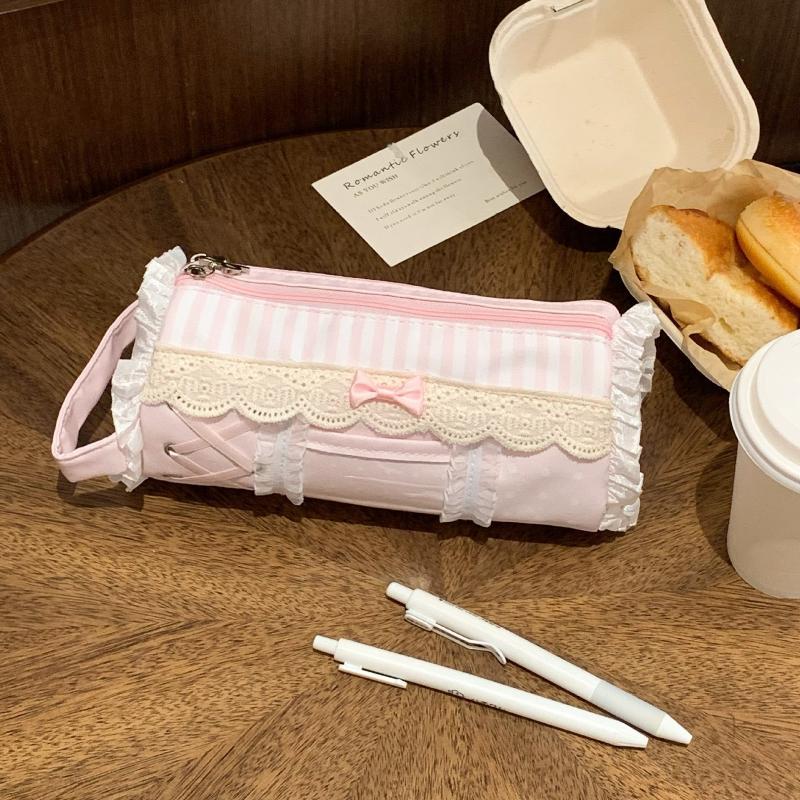 Cute Lace Pencil Case Water Resistant Large Capacity Pen Pouch for Students School Office Desktop Stationery Storage