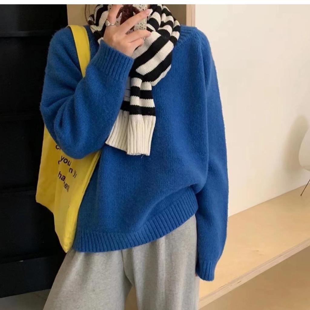 Chic inner loose and thin knitted top outer wear autumn and winter round neck leather label candy color pullover sweater women