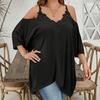 Women Blouse V-Neck 3/4 Sleeves Off Shoulder Straps Pullover Tops Asymmetric Lace Splicing Pure Color Mid-length Summer Tops
