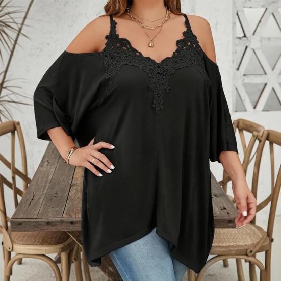 Women Blouse V-Neck 3/4 Sleeves Off Shoulder Straps Pullover Tops Asymmetric Lace Splicing Pure Color Mid-length Summer Tops