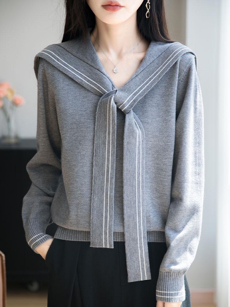 Navy Collar Knit College Style Women's Pullover Sweater - Autumn Winter, Long Sleeve, Loose Fit, Versatile.