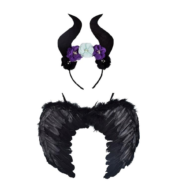 Cute Halloween Black Angel Wings Cow Horn Headband Costume Premium Feather 1