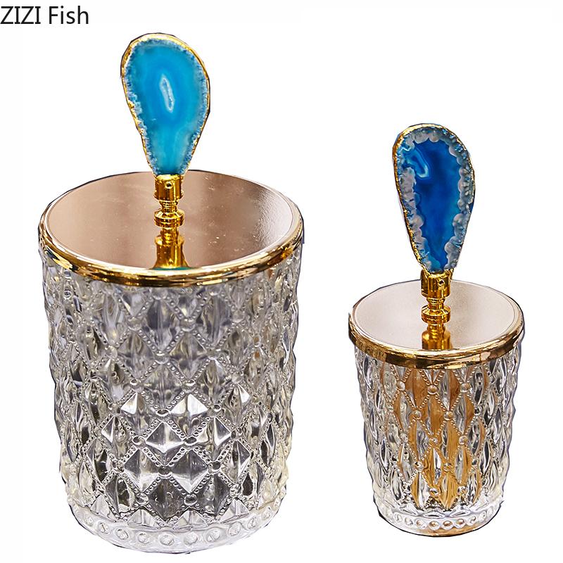 Glass Storage Jars Relief Tea Canister Candy Pot Natural Agate Stone Decorative Crystal Storage Jar with Cover Spice Organizer