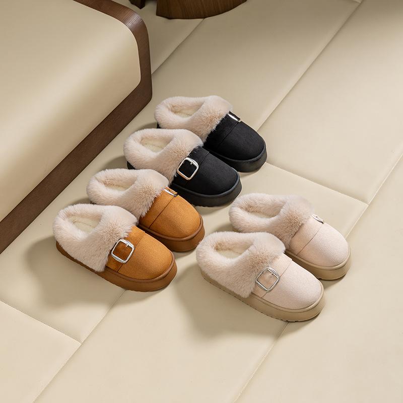 New cotton slippers winter belt buckle retro plush snow boots thickened warm thick cotton shoes plush shoes