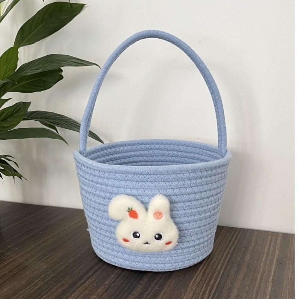 Cartoon Easter Gift Basket Cotton Thread Hand-Woven Easter Bunny Basket Long Handle Multi-Purpose Tote Basket Easter Celebration