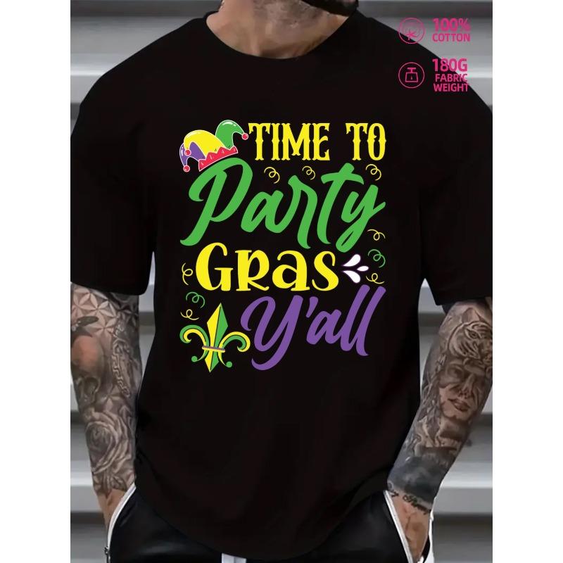 European sizes Men'S Mardi Gras Party T-Shirt - Funny Graphic with Fleur-de-Lis & Beads Design - Vibrant Green, Purple & Golden Print on Black