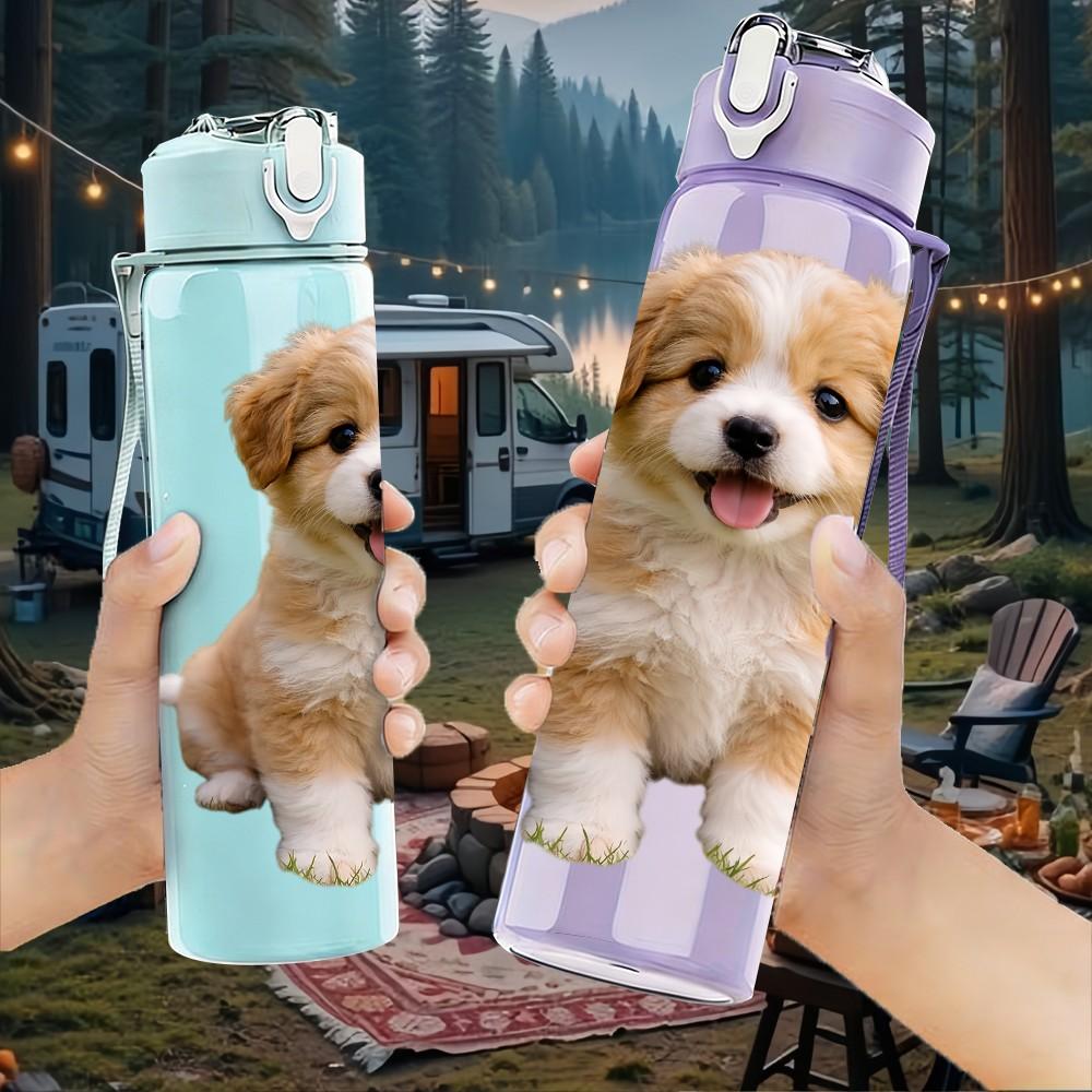 1PC Tiny Puppy Dog Cute Pet Animal Print 750ml Color Plastic Sports Water Bottle Leakproof Flip Straw Lid Suitable for Sports Office Home Use