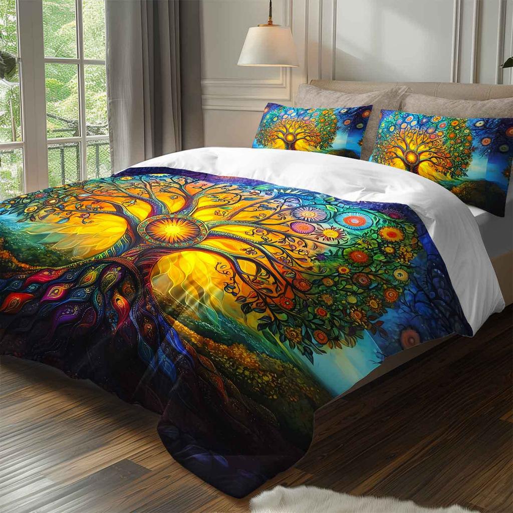 Set di 3 Copripiumini e Trapunte Bohemian Albero della Vita Psichedelico Set Letto a Tema Mandala Vibrante
