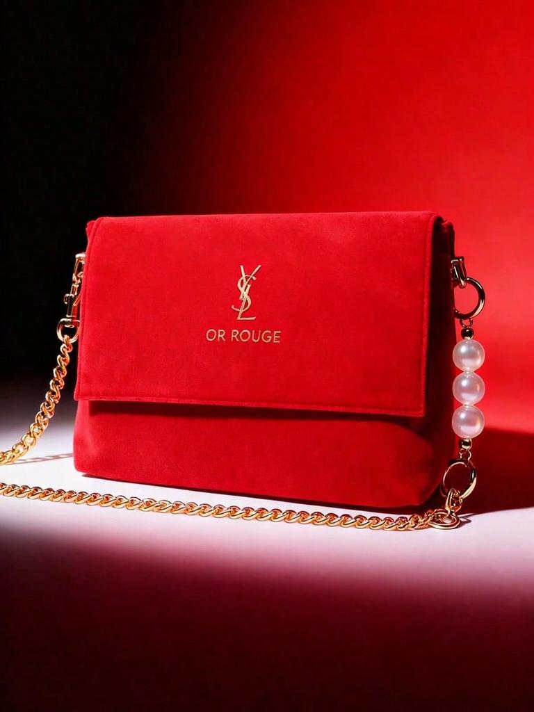 YSL Red Christmas Handbag, Shoulder Bag/Crossbody Bag with Gold Logo, Flap Closure, Luxurious Holiday Makeup Bag, Women's Christmas Gift