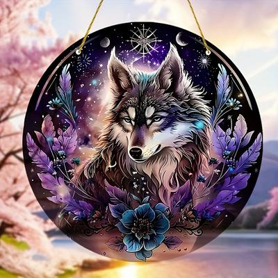 Mystischer Wolf Fensterhänger Sonnenfänger, Acrylplakette Sonnenfänger, Wolfsgeschenk für Mama, Familie, Außenbereich, Garten, Party-Dekoration, Langlebiges Acrylschild