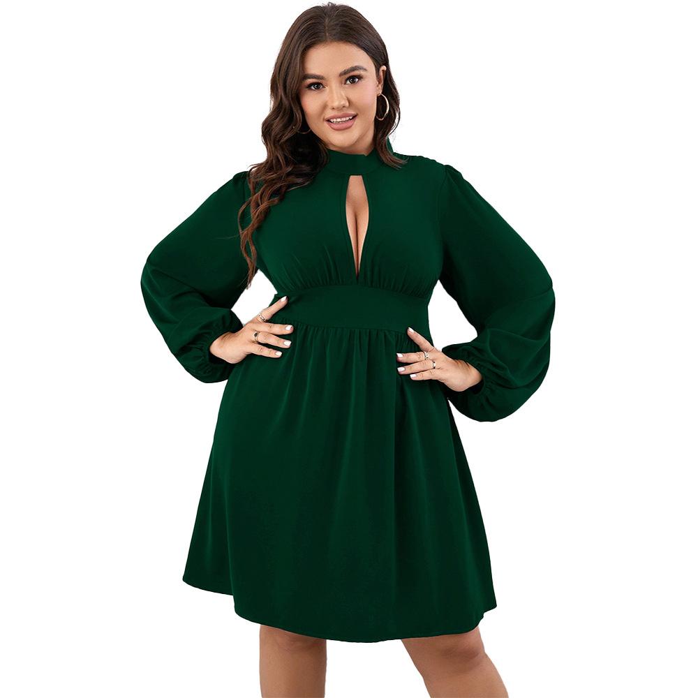 Women's Solid Sexy Dress High Neck Long Lantern Sleeve Front Cutout Short Dress Club Cocktail Party MiDi Dress Breathable A-line High Waist Dress