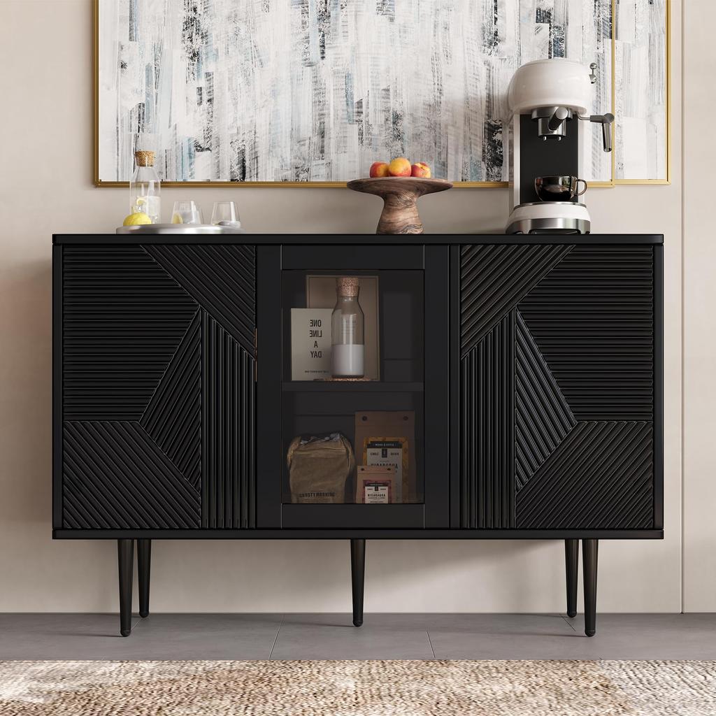 Sideboard mit 3 Türen, Kommode mit Glastür und Metalfüßen Buffetschrank für Esszimmer Wohnzimmer oder Flur, 120x38 x79.5 cm, Schwarz