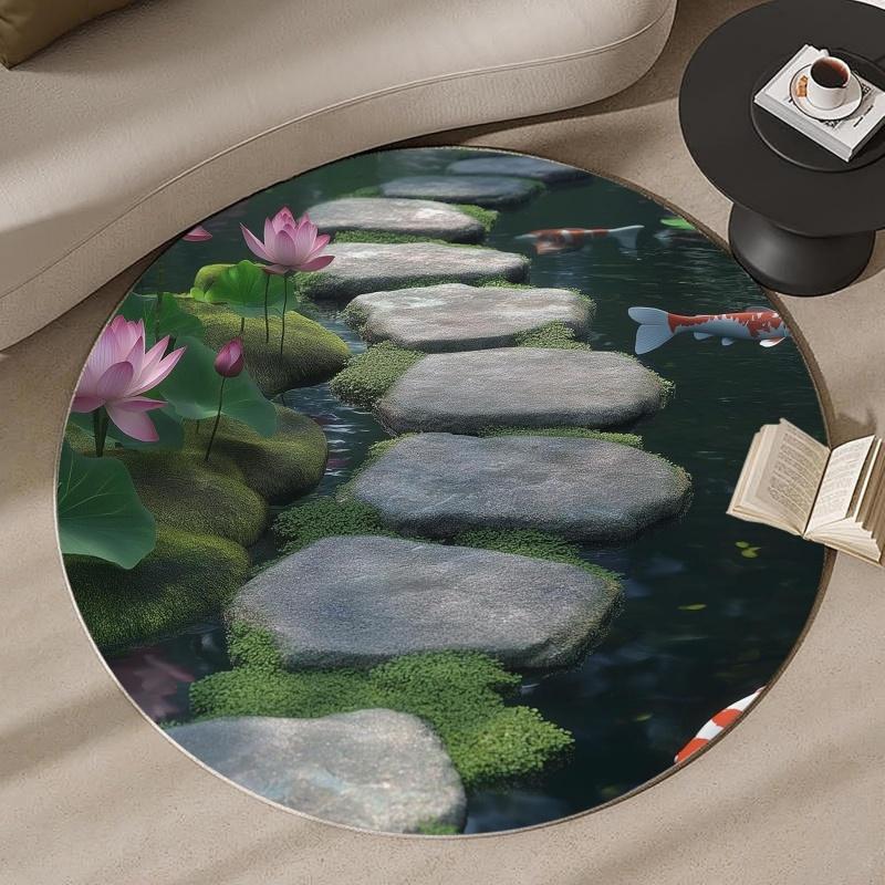Koi Fish Pond Round Area Rug Non-Slip Floor Mat for Living Room Bedroom Feng Shui Home Decor