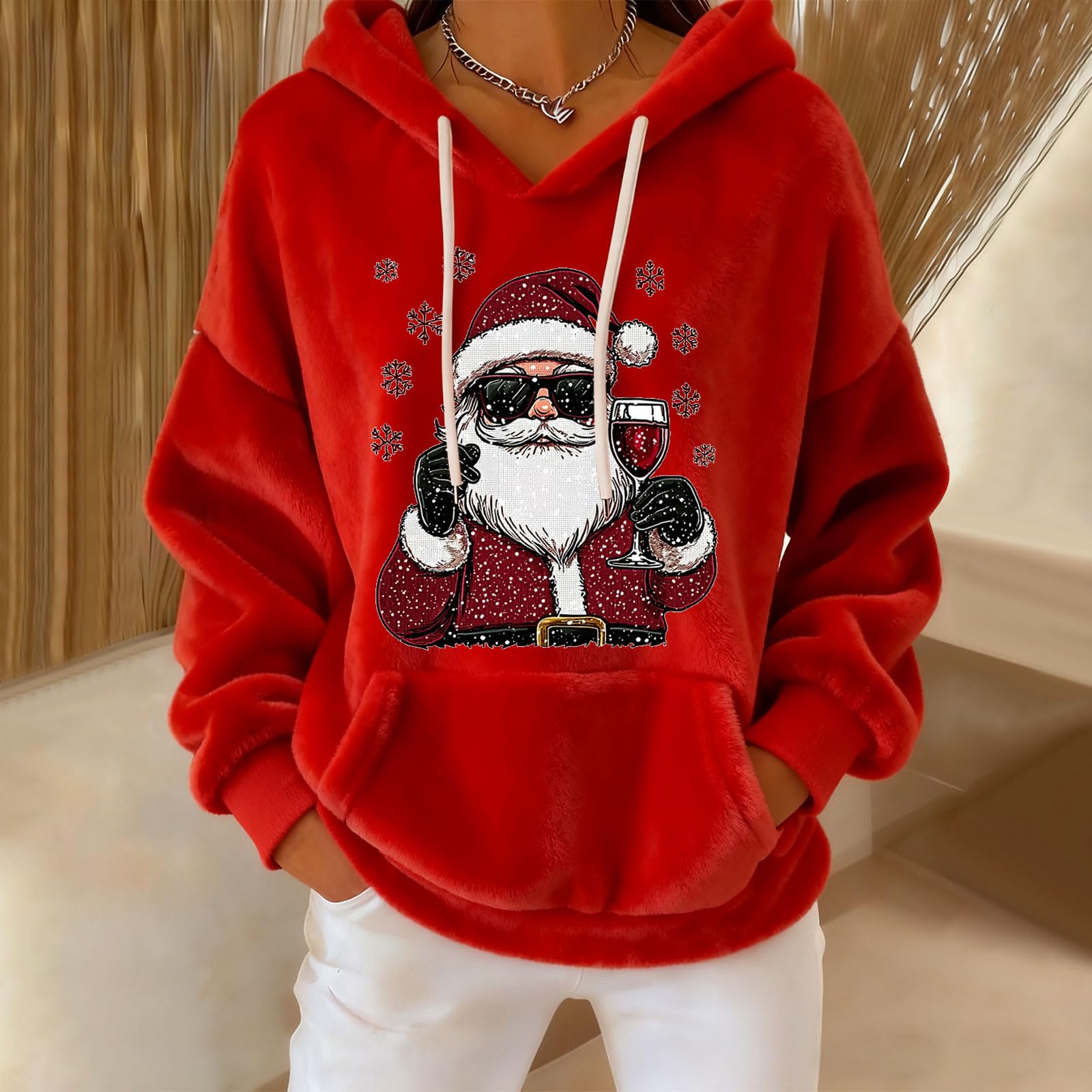 Женское свободное и удобное худи с V-образным вырезом на кулиске и длинными рукавами с рождественским принтом XXL 2394₽