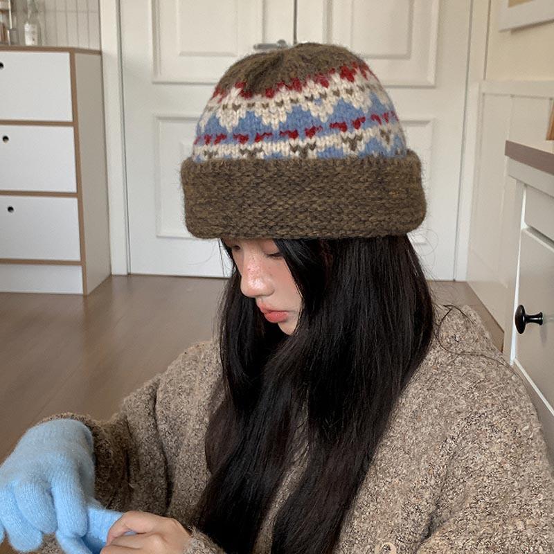 Meier Fisherman's hat Children's autumn and winter knitted wool hat, warm retro literary and ethnic style wool basin hat