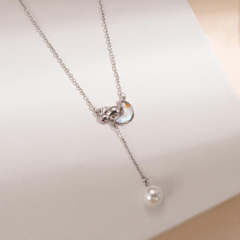 Banyan Tree S925 Sterling Silver Luxury Star & Moon Pearl Tassel Necklace - Elegant Clavicle Accessory for Women