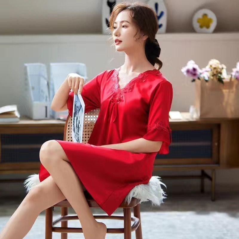 Женская летняя ночная сорочка из ледяного шелка - Модная пижама с коротким рукавом больших размеров