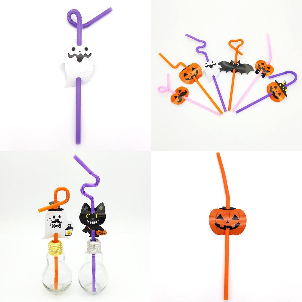 Halloween Fun Bendable Plastic Straws With Cute Pumpkin And Vampire Designs Pack Of 20 For Party Use