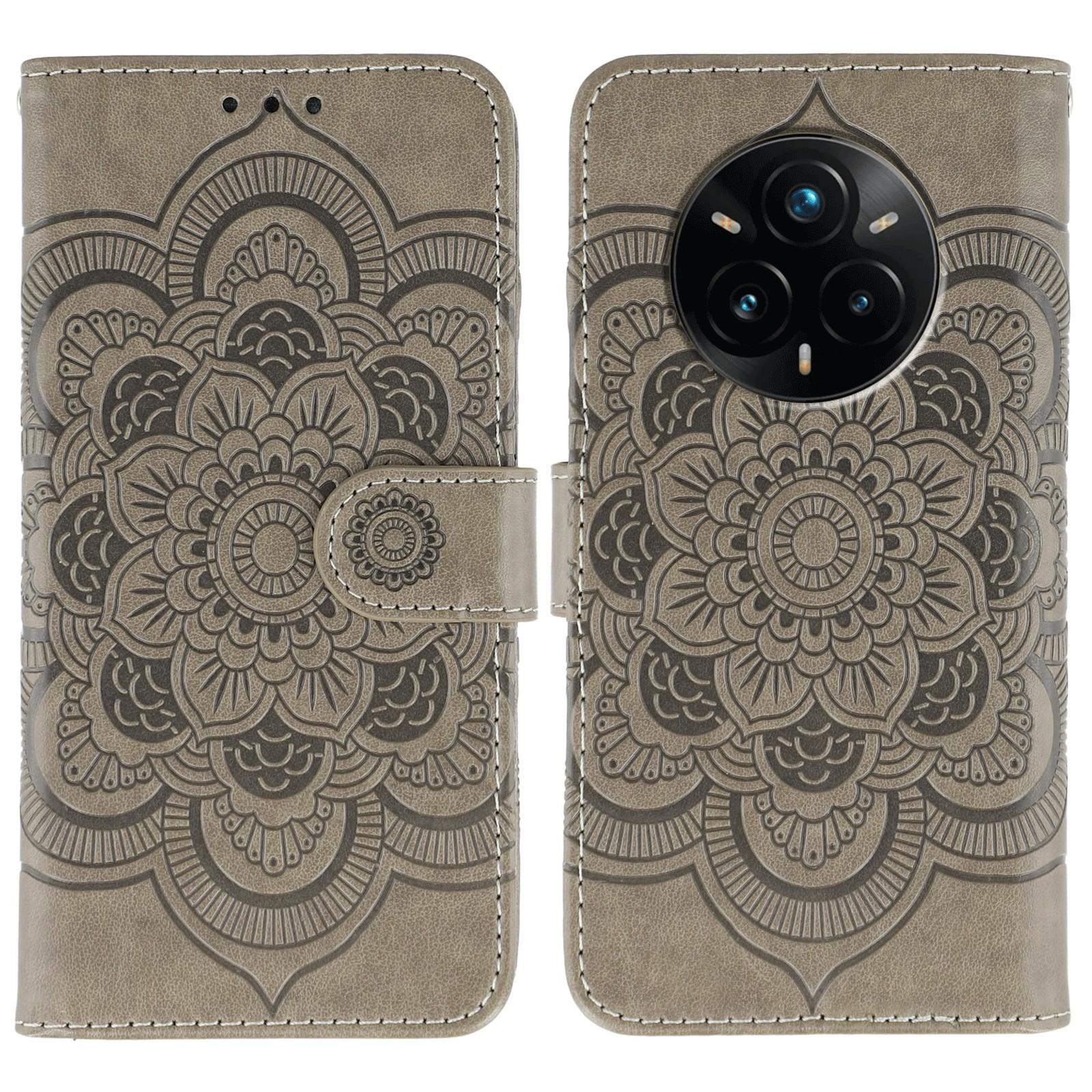 

For Realme 14 Pro+ 5G Case PU Leather Mandala Imprinted Design Wallet Phone Cover Grey